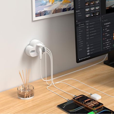 Adaptateur multiprise 6 en 1 avec PD 20 W USB C, 4000 W/16 A, 3 prises avec 3 ports USB, répartiteur de prise sans fil, pour cuisine, maison et voyage