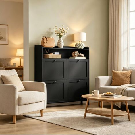 Zapatero estrecho negro con 4 puertas abatibles y estante superior, 100 x 19,5 x 107 cm (1/5)