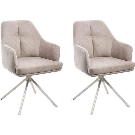 Set of 2 Swivel Dining Chairs Taupe Fabric with Arms Backrest Beige Metal Legs Retro Transitional MIRA (1/5)