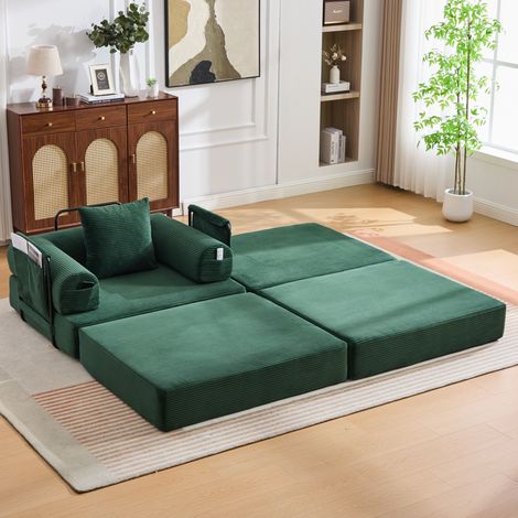 Sofá modular de pana con puff, verde, estructura metálica y cojines, 112 x 190 x 67 cm (1/5)