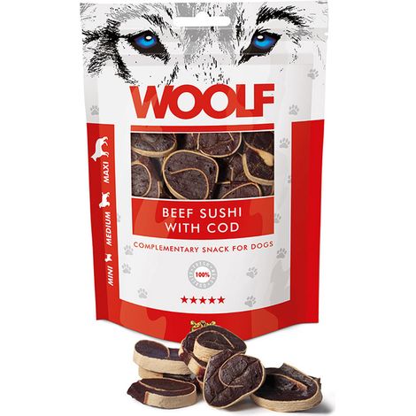 Friandises pour chiens Woolf au sushi, bœuf et cabillaud, pour chiens de petite, moyenne et grande race, 100 g