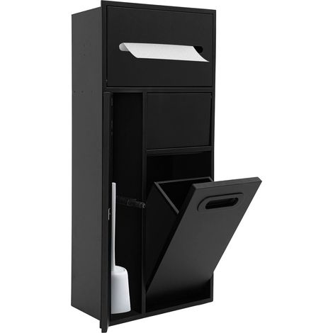 Niche murale de salle de bain - Noir - Poubelle encastrable en acier inoxydable - Niche intégrée avec support pour papier toilette et brosse - 30 x 14 x 65 cm (1/5)