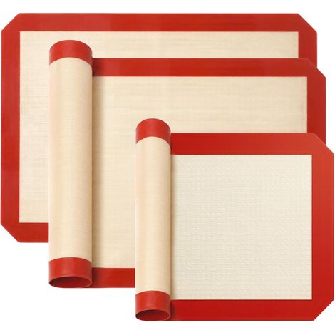 Juego de 3 tapetes de silicona reutilizables para hornear: 42 x 29,5 cm (dos piezas) + 30 x 21 cm (una pieza), sin BPA, con revestimiento antiadherente, aptos para hornear pan. (1/5)