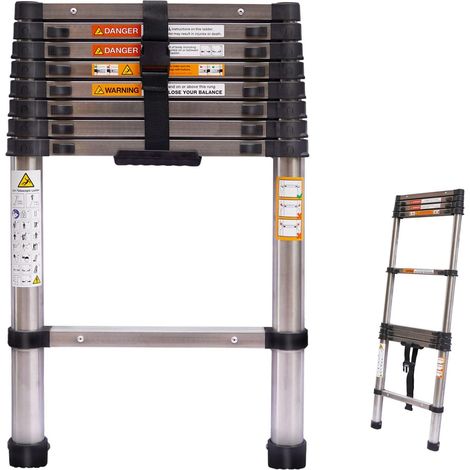8.5ft Telescoping Ladder Stainless Steel Heavy Duty 330lbs Max Load, EN131 Certificated, Folding Extension Ladder Adjustable Height Portable Compact Collapsible Ladder for Home, Office, DIY, RV
