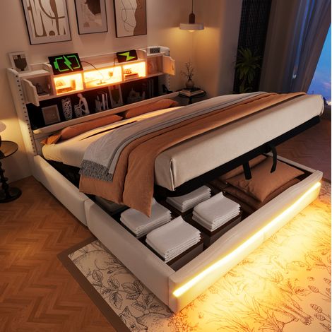 Polsterbett Leinen Beige 160x200 cm mit hydraulischem Stauraum, LED-Beleuchtung und USB/Typ-C-Anschlüssen (1/5)