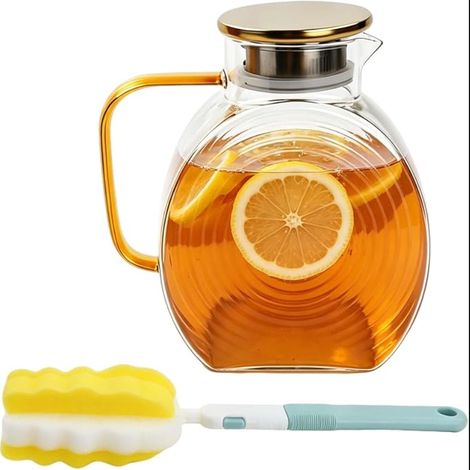 Carafe en Verre, Pichet avec Couvercle Acier Inoxydable, Eau Frigo pour Chaude/Froide, Bec Verseur Anti-Fuites, Infuseur Fruit, Thé Glacé, Vin, Jus
