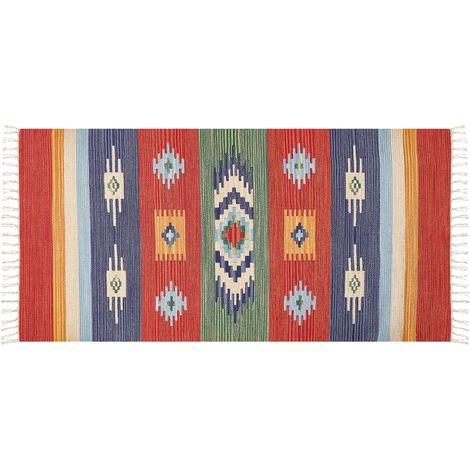 Alfombra kilim de algodón rojo azul verde amarillo 80 x 150 cm a mano geométrico borlas Kamaris