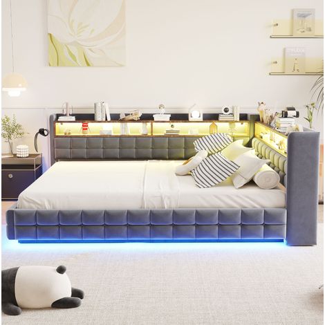 Cama arca 140x200 cm - Cama doble - Con cabecero con LED, USB y Tipo C - En terciopelo - Gris (1/5)