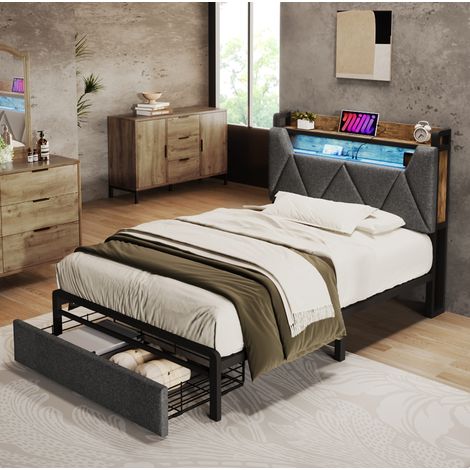 Lit simple industriel 90x200 cm en lin gris avec tête de lit rangement, USB/Type-C, LED, tiroir et sommier à lattes (1/5)