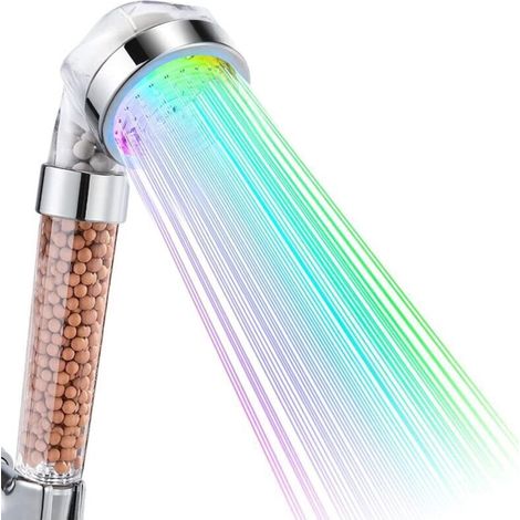 Pommeau de douche LED, douchette de salle de bain avec 7 couleurs LED, haute pression, économie d'eau, jets et double filtre anti-chlore (1/4)