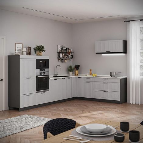 Cocina esquinera Fame-Line, Blanco casa de campo/Antracita, 327 x 227 cm, ET Mármol, Vicco (1/5)