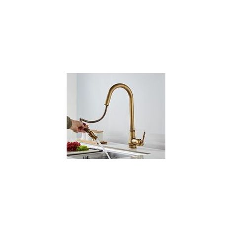 Robinet de cuisine antique laiton – Mitigeur rotatif 360° avec douchette extensible – Économie d'eau 30% – Bec haut céramique (1/5)