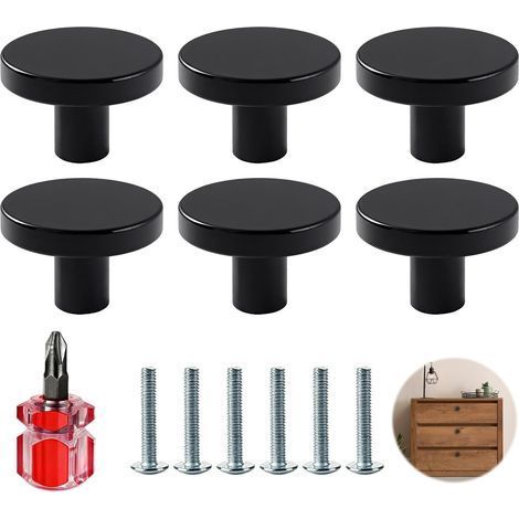 Set de 6 Boutons Ronds Noirs, Poignées En Aluminium, Pour Tiroirs Et Armoires De Cuisine (1/5)
