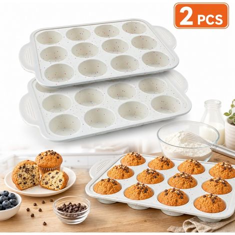 2 moules à muffins, 12 alvéoles, plaque de cuisson antiadhésive avec cadre métallique renforcé pour cupcakes. Set de 2 pièces avec 12 alvéoles par (1/5)