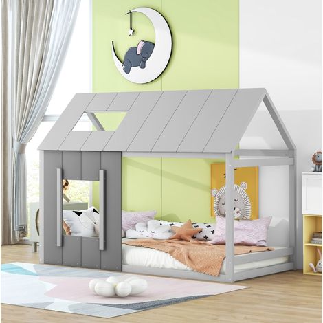 lit chambre enfant maison 90x200 pin gris avec toit HAVRYA (1/5)