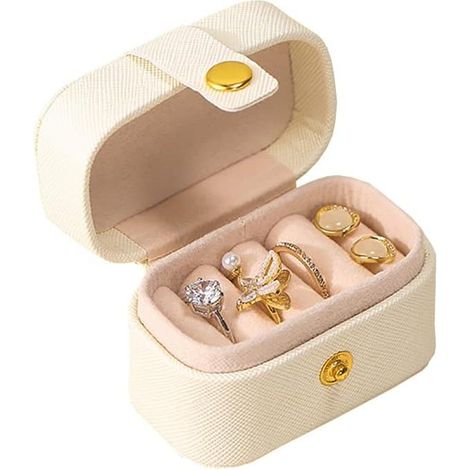 (Blanc) (Petite boîte à bijoux de voyage en cuir PU, mini boîte de rangement pour bagues, boîte à bijoux portable) (1/5)