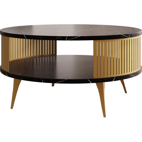 Mesa de centro Vitum I, Dorado + Mármol negro, 44x0x0cm, Diámetro: 75, Aglomerado laminado, Redonda