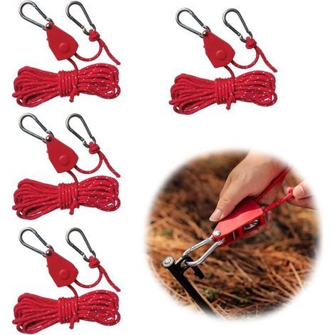 Corde de Camping rouge 4 pièces, corde de tente à cliquet avec tendeur de corde pour tente de Camping en plein air 4 pièces (1/5)
