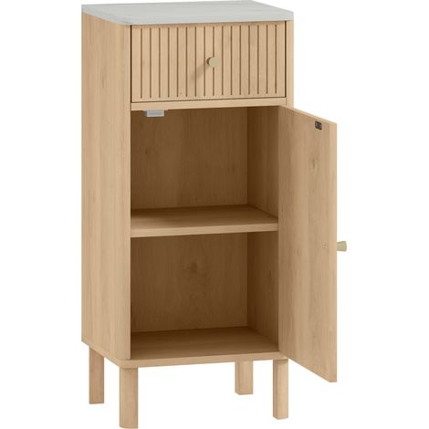 Meuble salle de bain avec rangement, plateau imitation marbre, porte cannelée, tiroir 36 x 30 x 80 cm, chêne (1/5)