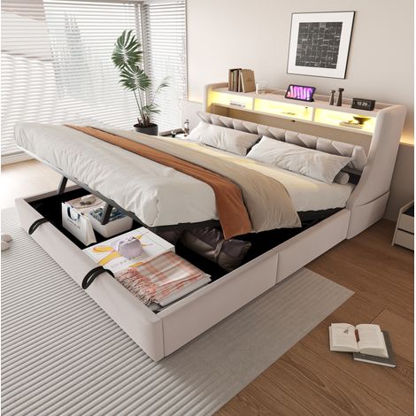 Doppelbett 180x200 cm Beige Samt mit Stauraum, LED-Licht, Steckdose, USB-C und umklappbarem Kopfteil (1/5)
