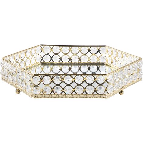 Bandeja decorativa de vidrio espejado hierro dorado pedrería hexagonal glamuroso