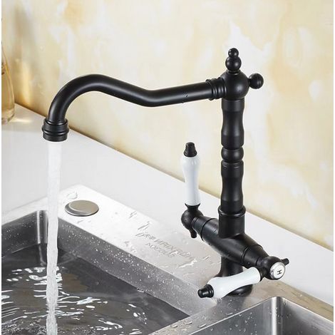 Wasserhahn Küche Schwarz, Küchenarmatur Zweigriffmischer, Spültischarmatur 360° Schwenkbar Warm - und Kaltwasser
