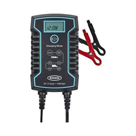Chargeur de batterie moto intelligent 12V – Maintien de charge 8A – Écran LCD rétroéclairé – Connecteurs rapides pour usage pro – Ring