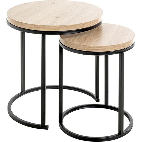 Lot de 2 tables d'appoints en bois coloris chêne et métal noir (1/4)