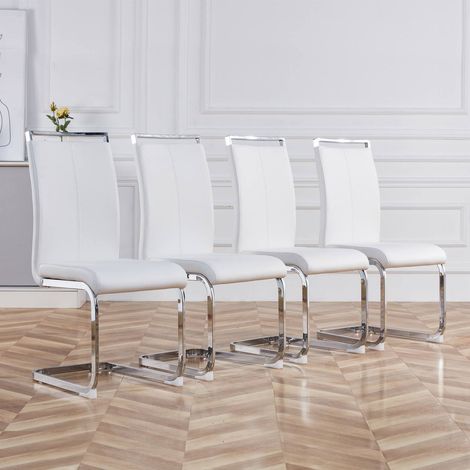 Chaise cantilever, structure en métal chromé, charge jusqu'à 120 kg, rembourrage souple avec revêtement en simili cuir, blanc. (set, 4 pièces) REDOM (1/5)