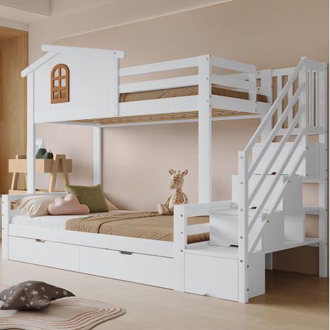 Etagenbett Kinder 90x200 cm Weiß Natur aus Kiefer, MDF und Sperrholz mit Schubladen und Fensterdesign (1/5)