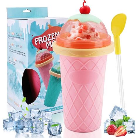 Bicchiere per preparare granite – in silicone, riutilizzabile, con cannuccia e cucchiaino, rosa (1/5)