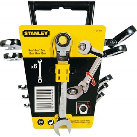 Stanley 4-91-444 Llave combinada de carraca con cabeza indexable, acero al cromo forjado, resistente a la corrosión, cabeza poligonal, hexágono inclinado 12, ángulo de retorno 5°, estándar, 6 piezas