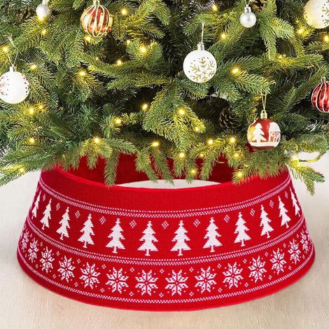 Tree Skirt - Red Acrylic Knitted Christmas Tree Collar With White Snowflake Pattern - For Tree Base Cover And Gift Display - 72 X 24 Cm - 1 Piece (1/5)