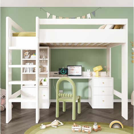 Letto a soppalco per bambini 90x200 cm bianco con scrivania salvaspazio – MEUBLIV (1/5)