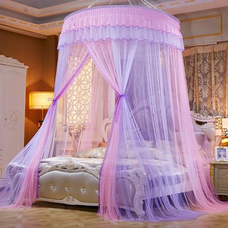 Himmelbett mit Deckenmontage, Moskitonetz, Doppelbett, E-Installation, Home Dome, faltbares Himmelbett mit Haken, rosa und lila