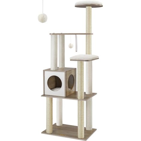 Feandrea – Arbre à chat moderne 165 cm – 9 griffoirs en sisal – Coussins lavables – Niche et plate-forme pour chats d'intérieur – Grège