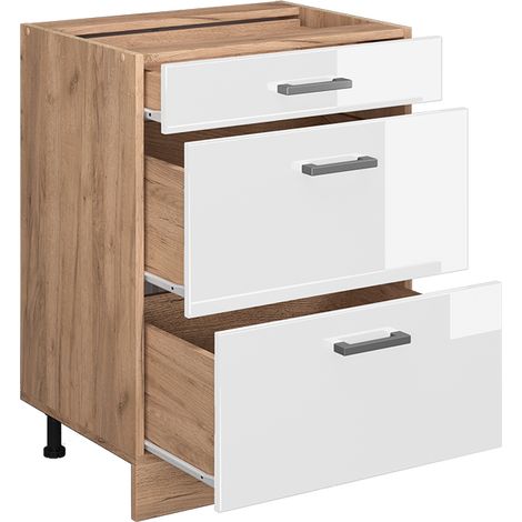 Mobiletto base per cucina R-Line, Bianco lucido, 60 cm con cassetti, senza piano di lavoro, Vicco