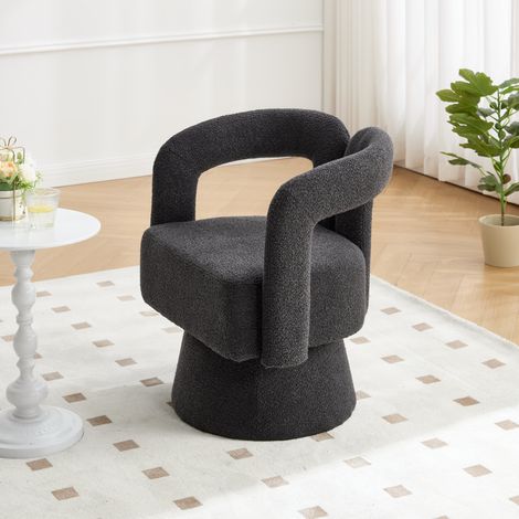 Drehbarer Sessel aus Bouclé, Dunkelgrau, mit breiter Polsterung und Metallfuß (1/5)