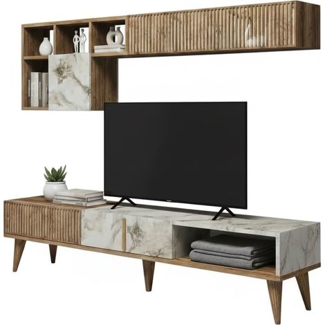 Dmora - Wohnzimmermöbel Gemini, Modulares Wohnzimmerset, Mehrzweck-Wohnzimmermöbel, Moderner TV-Schrank, 180x35h40 cm, Nussbaum und Weißer Marmor, mit verstärkter Verpackung