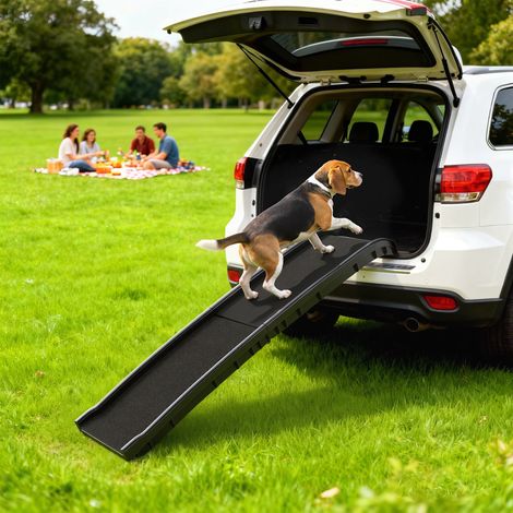 Rampa plegable para perros, escaleras de PP para perros con pendiente suave y superficie antideslizante, 155 x 38,5 x 15,5 cm, color negro. (1/5)