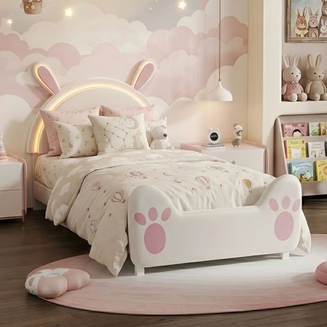 Kinderbett 90x200 cm mit Lattenrost, Prinzessinnen-Einzelbett mit süßem Hasen-Kopfteil und LED-Beleuchtung - Rosa