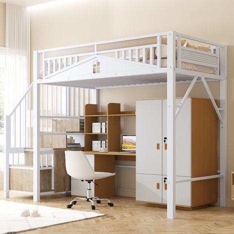 Lit mezzanine 90x200 cm avec escalier et rangement, garde-corps sécurisé, en métal, blanc, sans matelas (1/5)