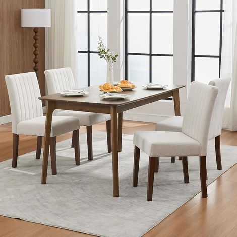 Lot de 6 Chaises de Salle à Manger en Tissu Gris avec Dossier Haut à Rayures, Pieds en Bois et Assise Rembourrée, Beige (1/5)