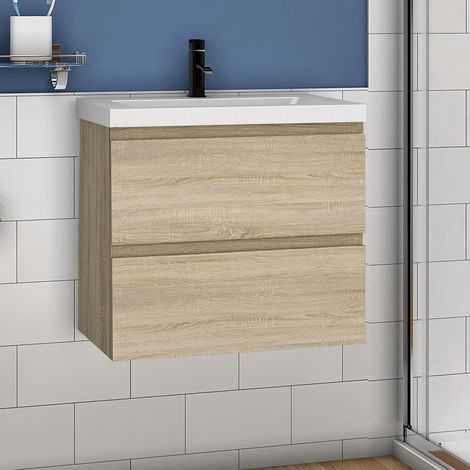 Waschtisch mit Unterschrank Badmöbel Waschbecken Badezimmer 60cm Eiche mit Waschbecken