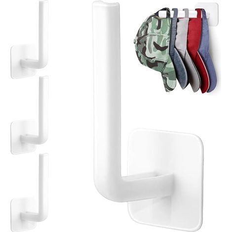 Lot de 4 supports pour casquettes de baseball - Installation sans perçage - Convient aux casquettes, foulards et sacs - Blanc (1/5)