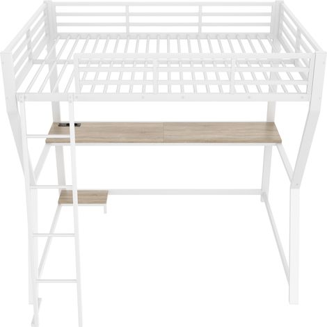 Lit mezzanine 140x200 cm blanc en métal et MDF avec bureau, LED, prise USB, échelle (1/5)