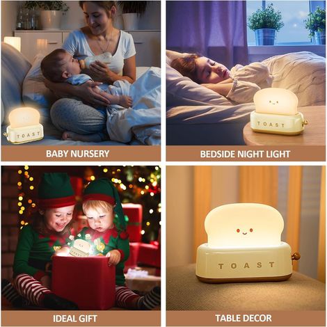 Veilleuse Enfant Toast LED Veilleuse Bébé Rechargeable Lampe de Chevet Enfant Luminosité et Réglables Kawaii Deco Chambre Cadeau Anniversaire de Noel pour Garcon, Bebe et Fille