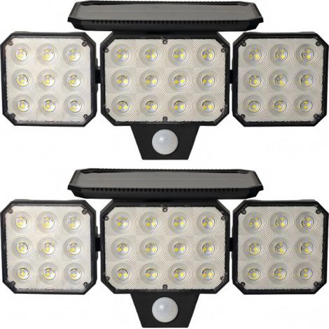 Lot de 2 lampes solaires extérieures – 120 LED, détecteur de mouvement – 3 têtes, 3 modes, 2000 mAh – Éclairage 270° – IP65 étanche – Idéales pour jardin et garage (1/5)