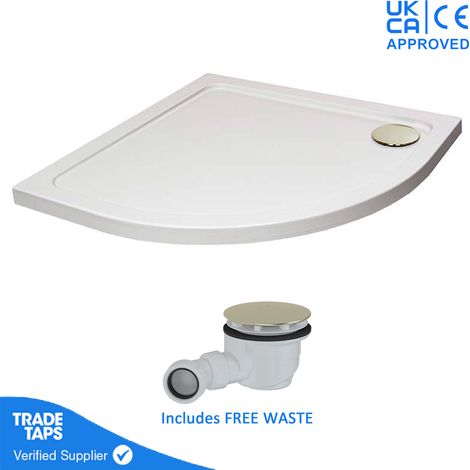 1000mm White Quadrant 45mm Low Profile Shower Tray with Brushed Brass Waste