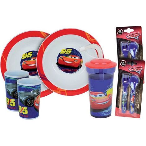Tableware Set - FUN HOUSE - DISNEY CARS - 2 Glasses, 2 Soup Plates (16 cm diameter), 2 Sets of Cutlery, Straw Cup (1/3)